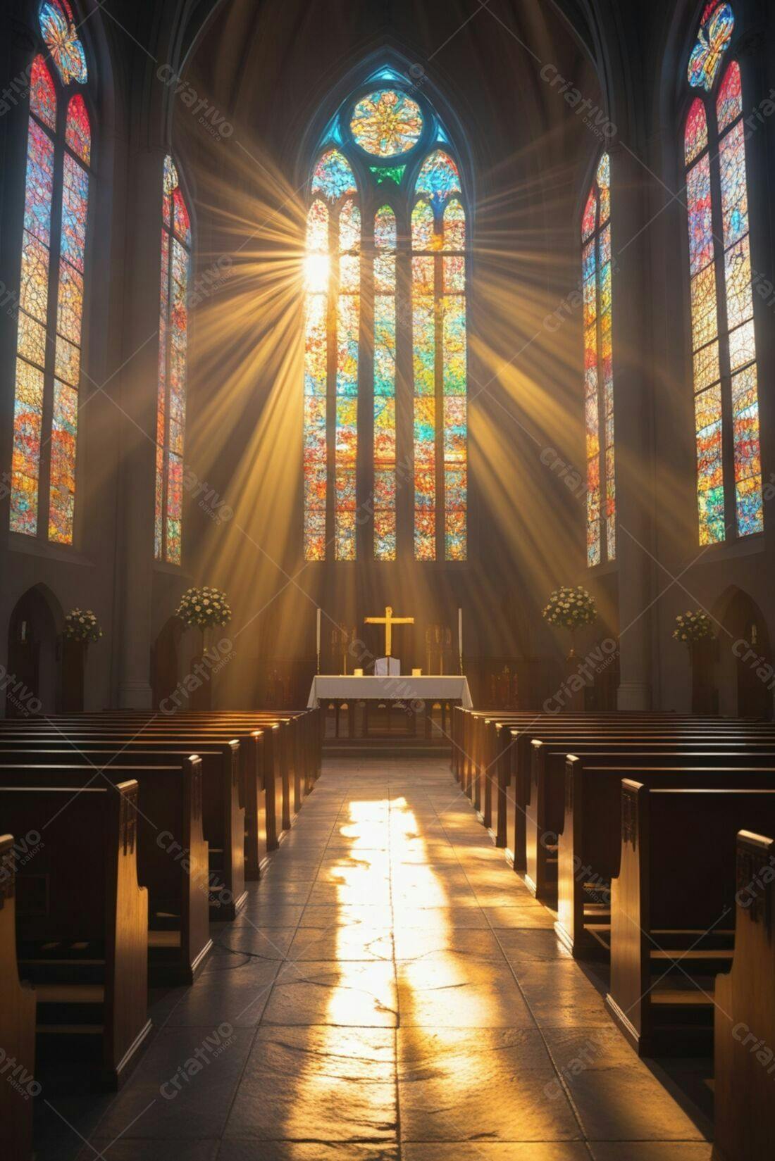 Igreja iluminada raios de sol vitrais