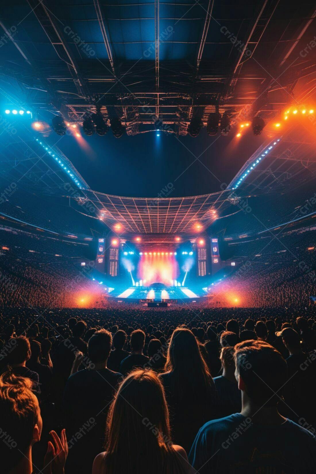 Público em show de luzes azuis e laranjas