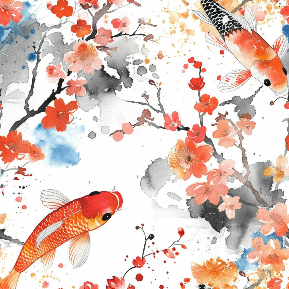 Textura aquarela floral com peixes Koi para papel de parede