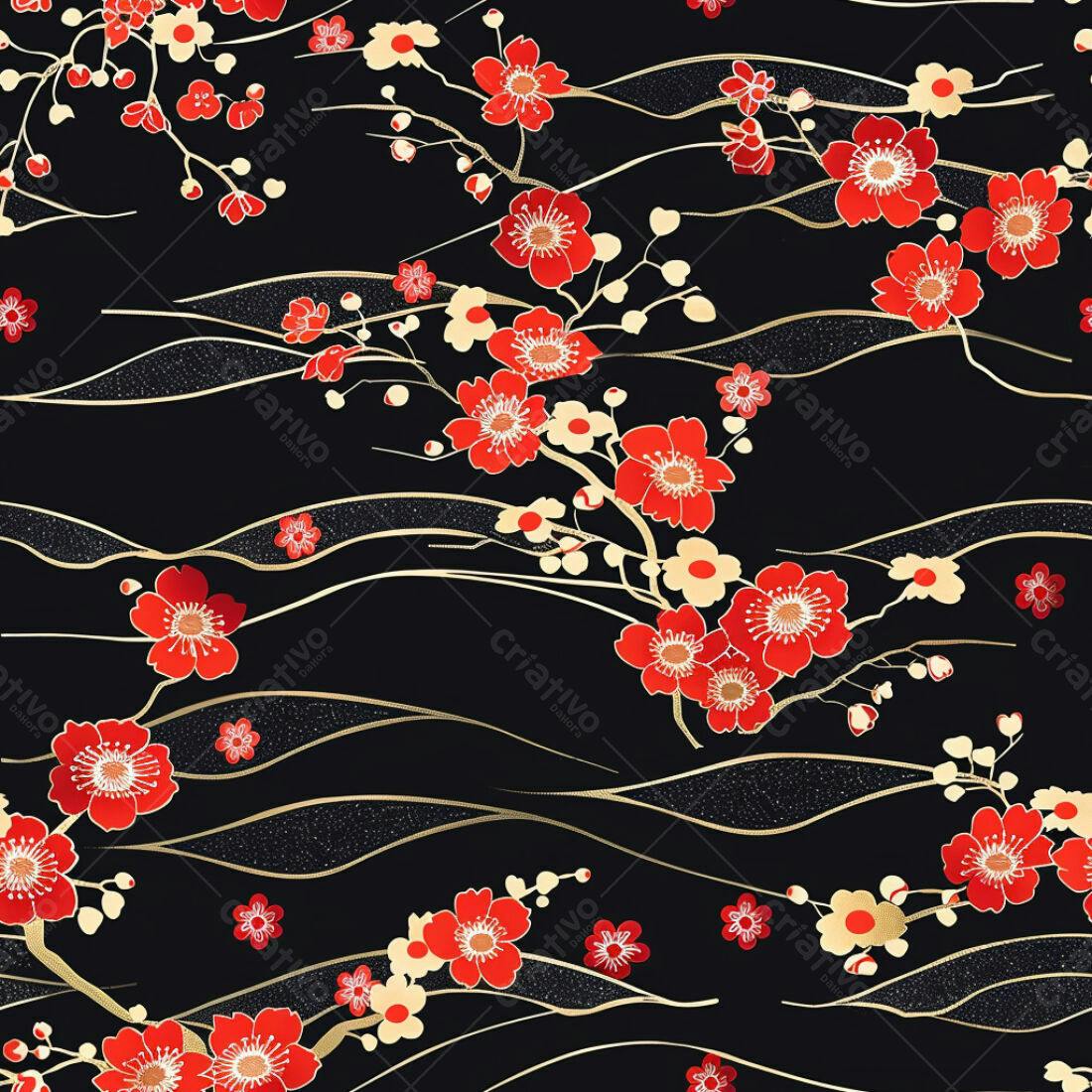 Textura floral japonesa vermelha e dourada para fundo