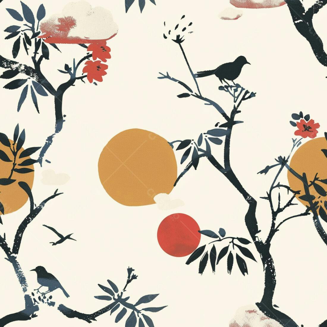 Textura Padrão Aves e Flores para Papel de Parede