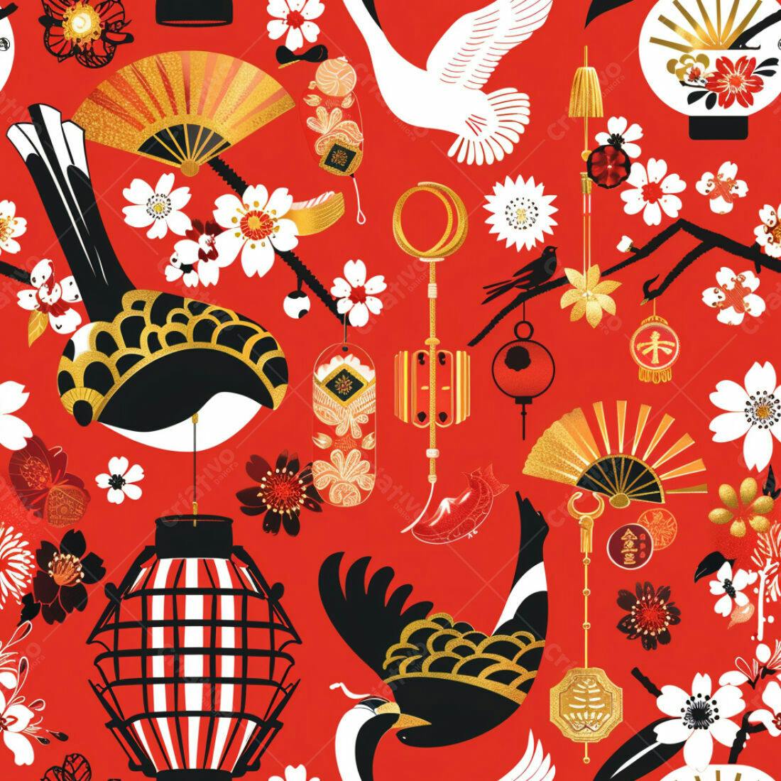 Textura Padrão Japonês Vermelho e Dourado para Fundo