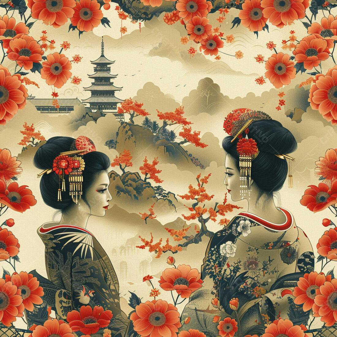 Textura Japonesa Geisha para Papel de Parede