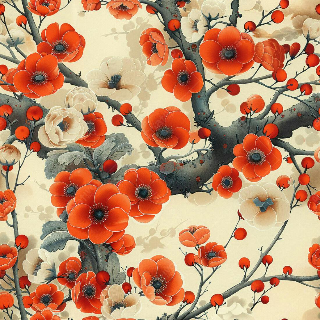 Textura floral vermelho e creme para papel de parede