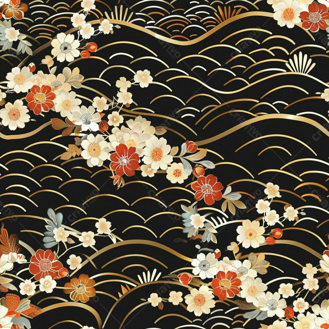 Textura Floral Japonesa Ouro e Preto para Fundo