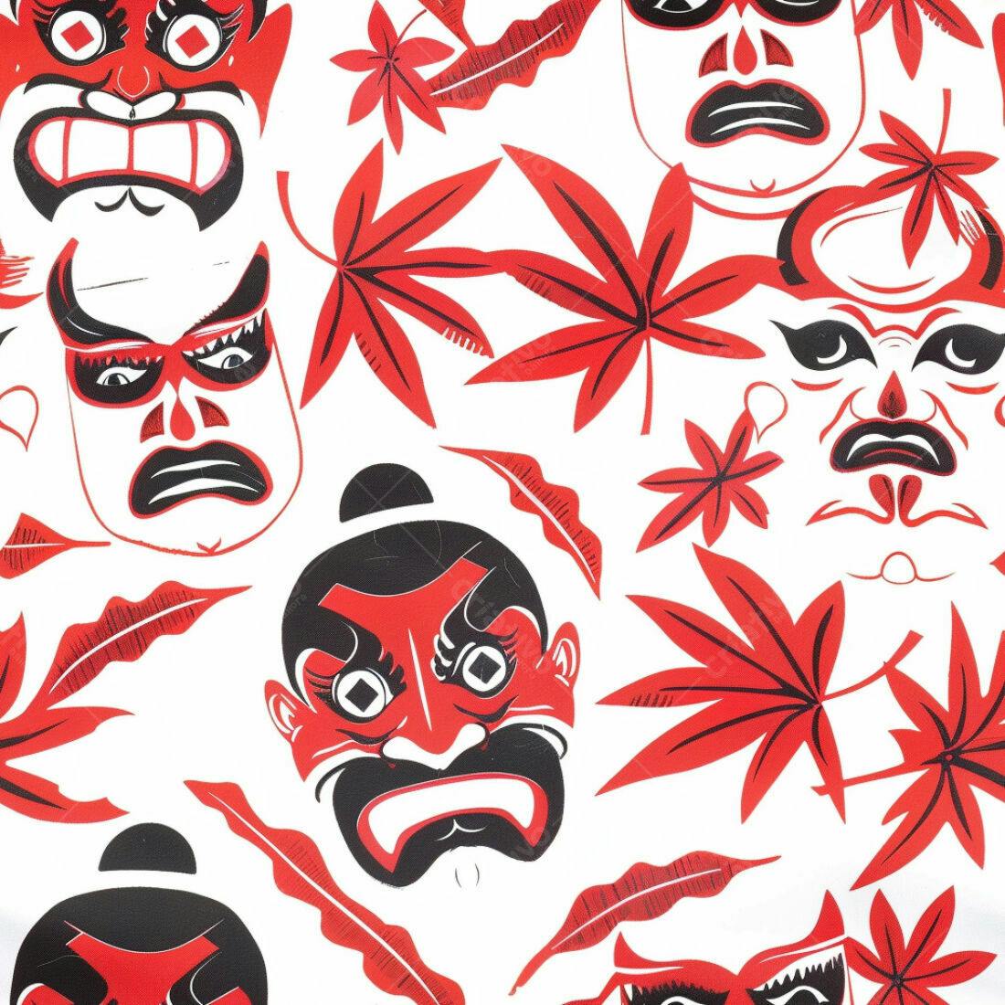 Textura máscaras japonesas e folhas para papel de parede