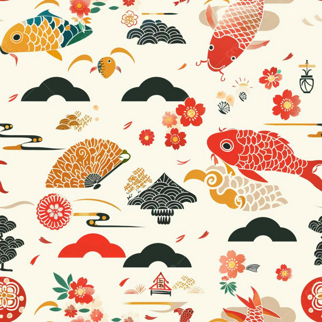 Textura Japonesa Koi e Flores para Fundo