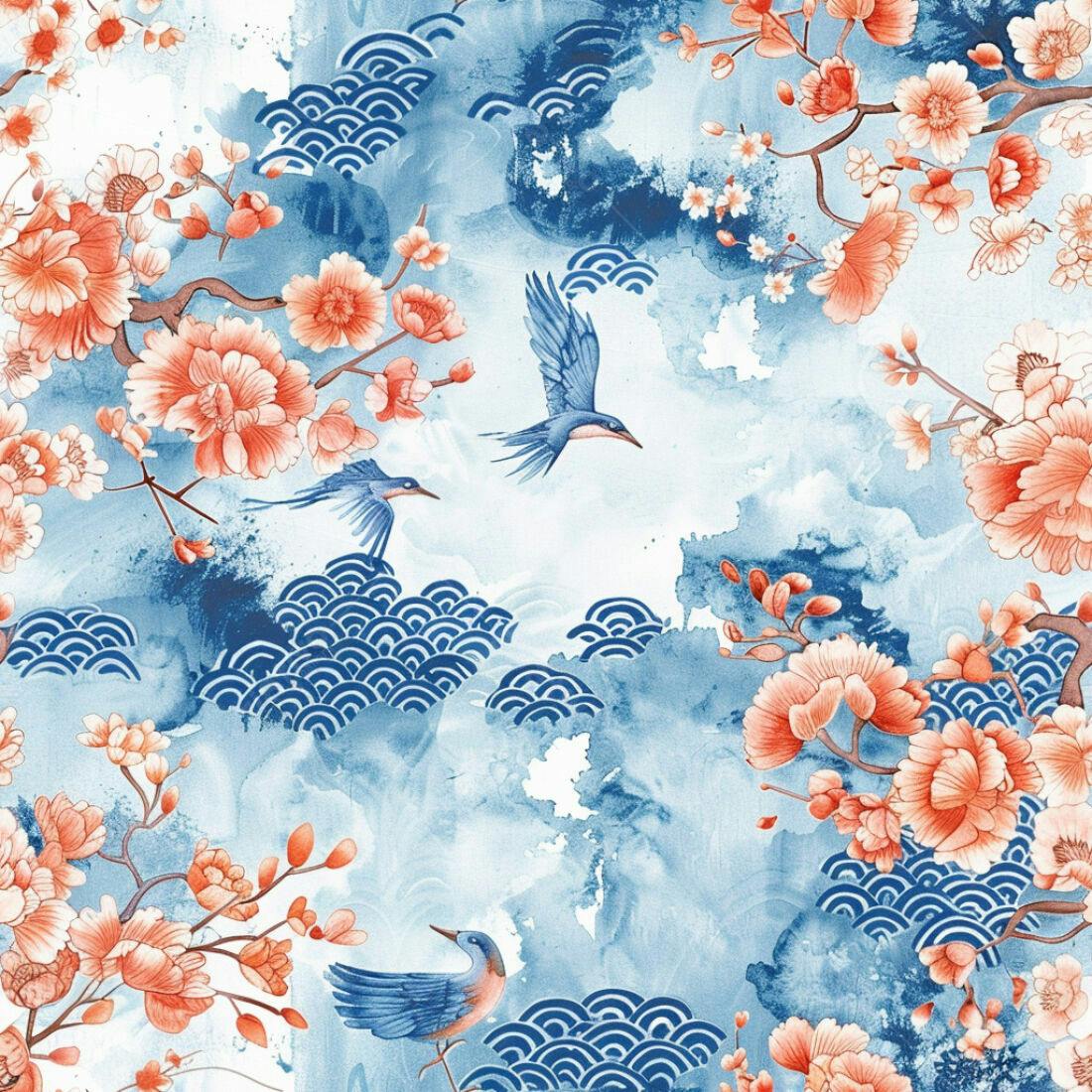 Textura floral pêssego e azul para papel de parede