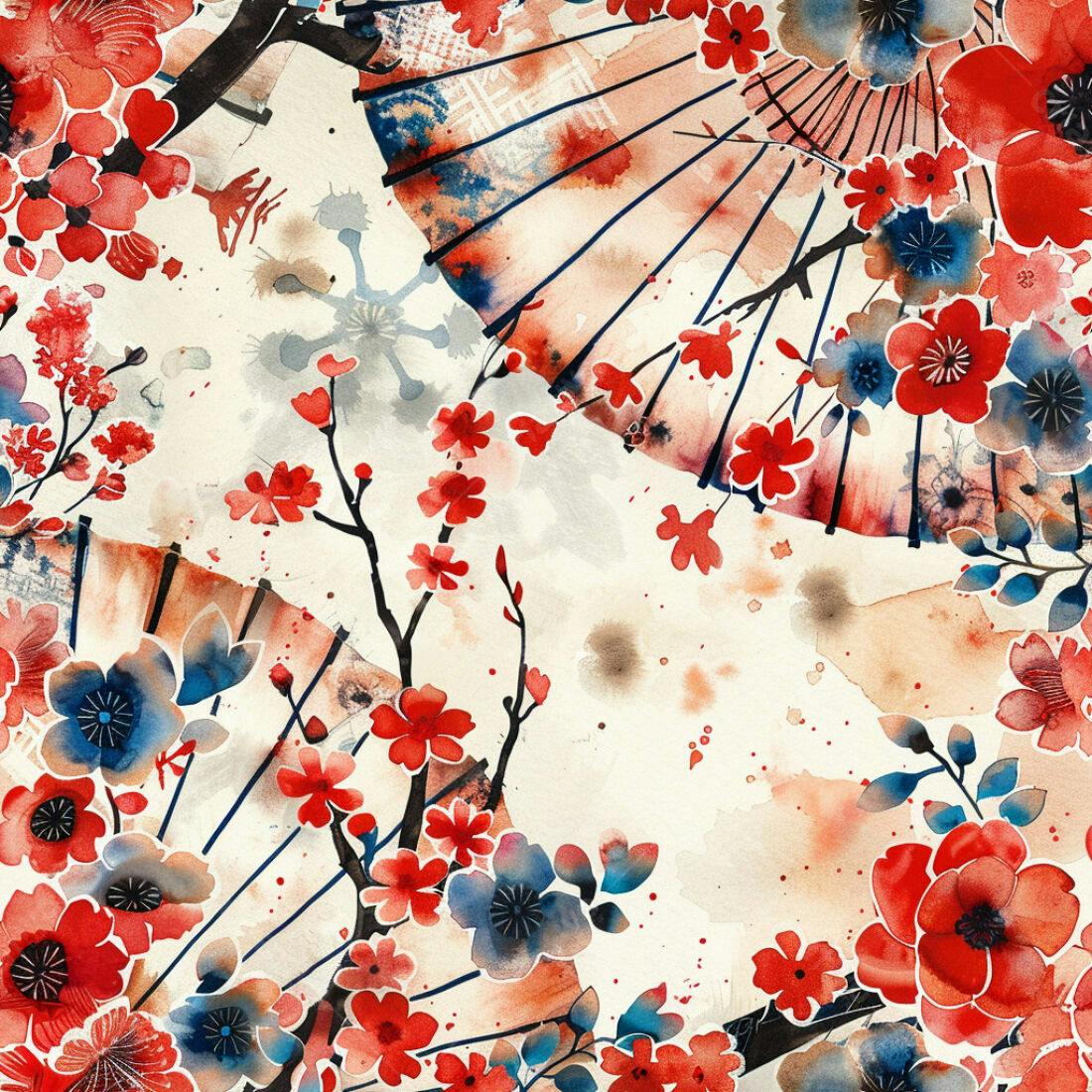Textura floral aquarela vermelho e azul para papel de parede