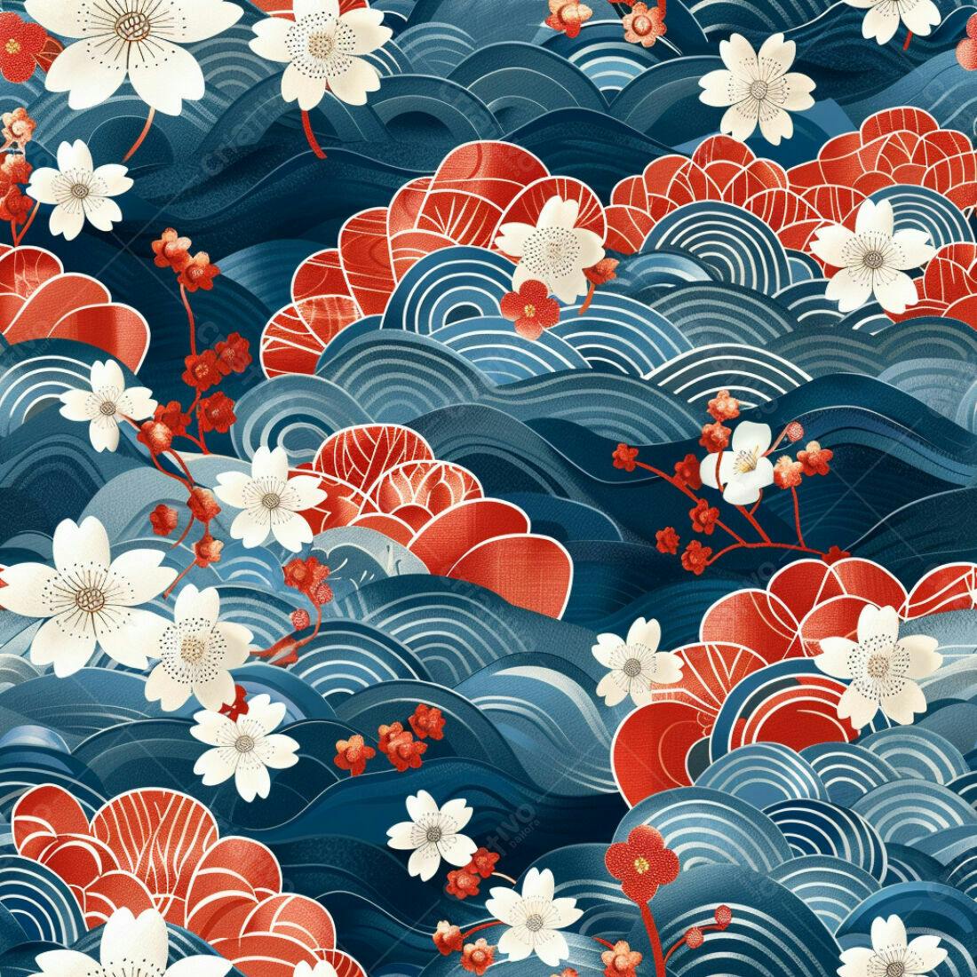 Textura tecido floral azul e vermelho para papel de parede