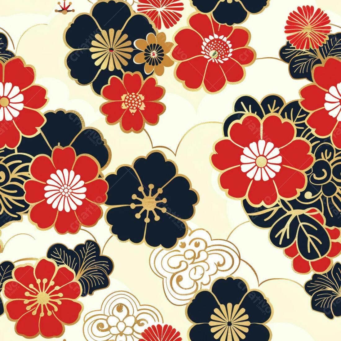 Textura floral japonesa vermelho e dourado para papel de parede