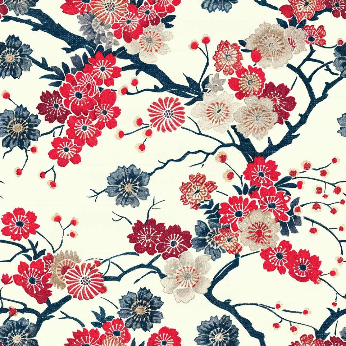 Textura tecido floral vermelho e azul para papel de parede