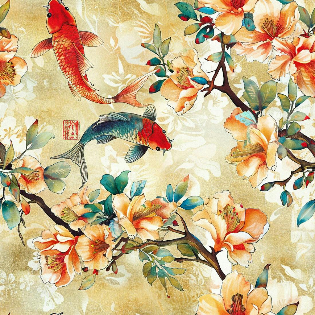 Textura Floral com Carpas para Papel de Parede