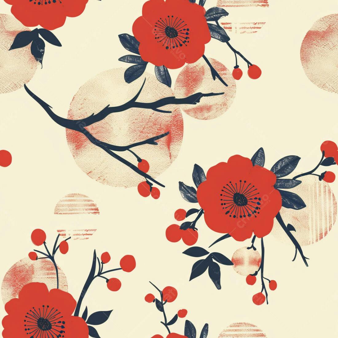 Textura floral vermelho e creme para papel de parede