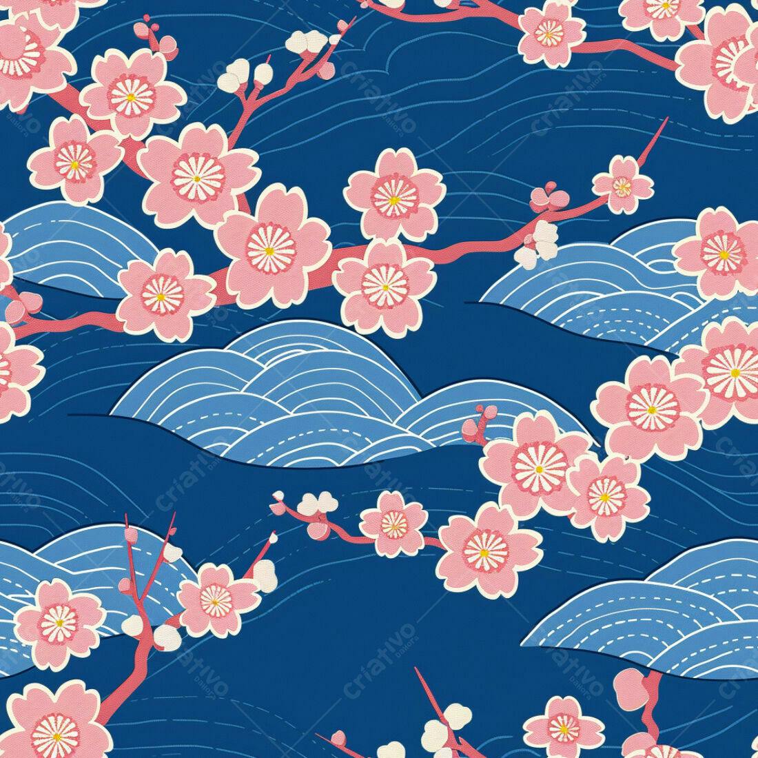 Textura Flores Cerejeira e Ondas para Fundo