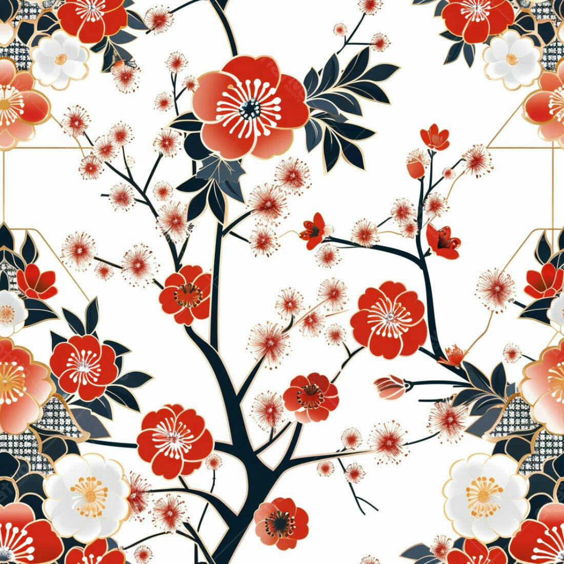 Textura floral japonesa vermelha e branca para papel de parede