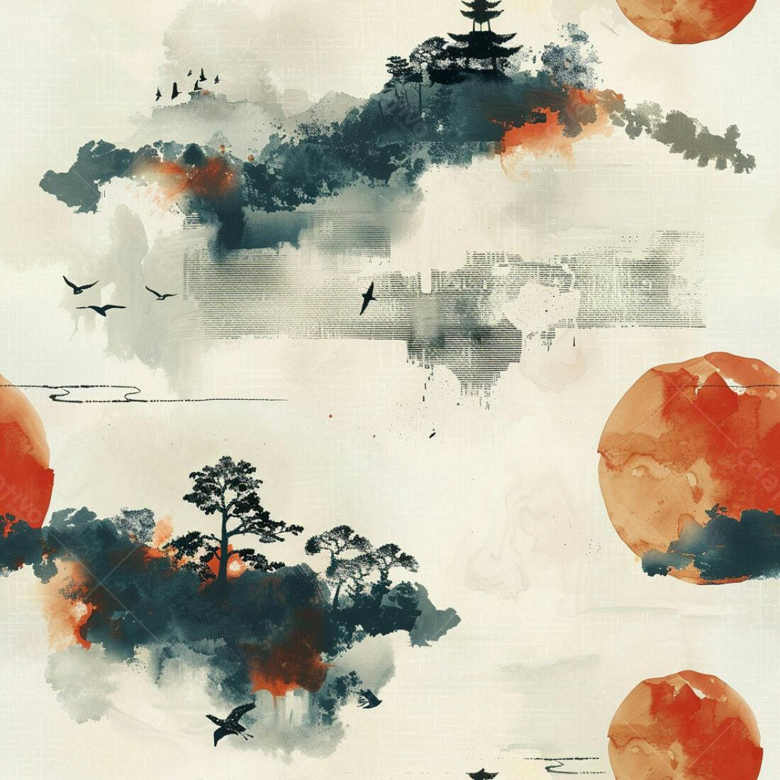 Textura Papel de Parede Paisagem Oriental para Decoração