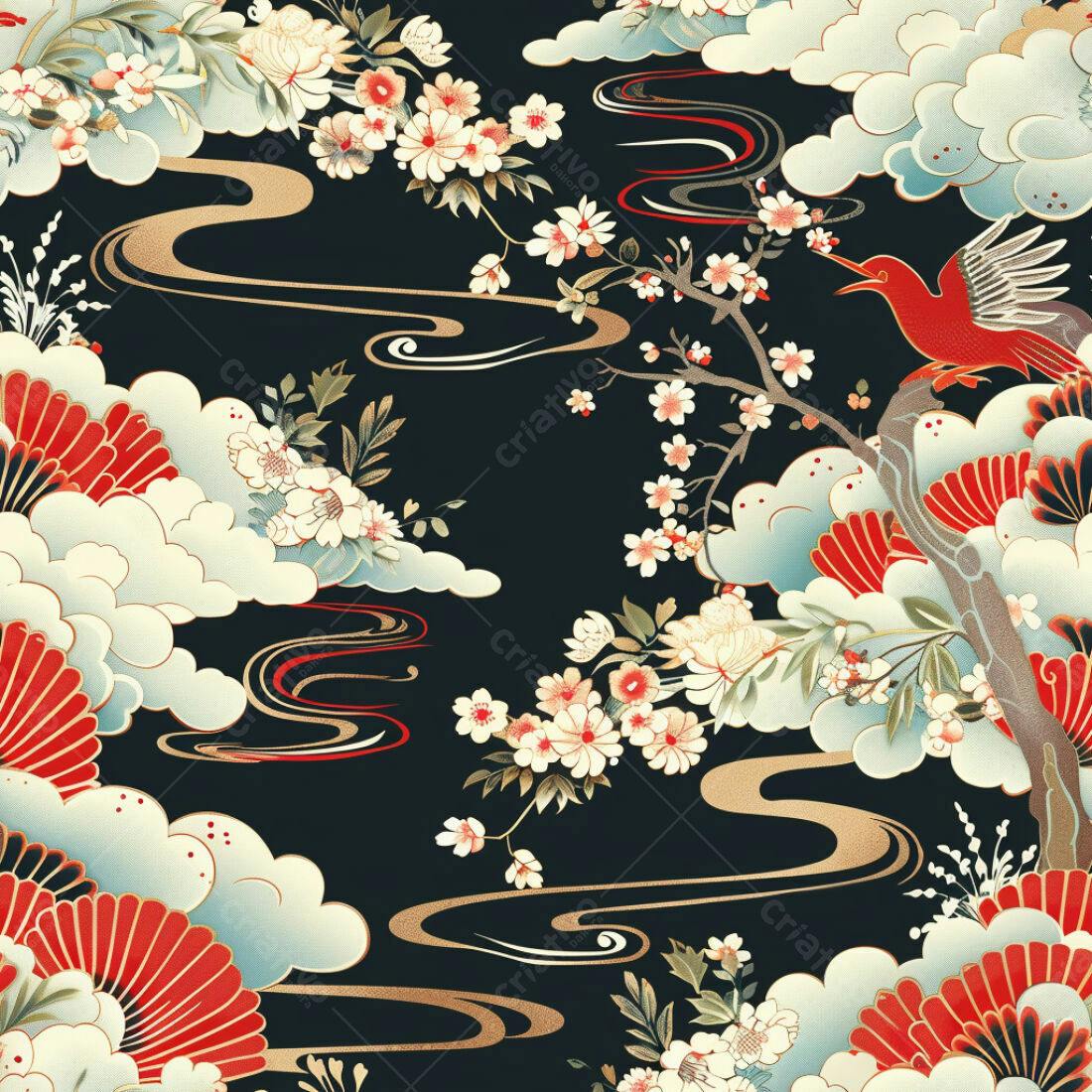 Textura Floral Japonesa para Papel de Parede