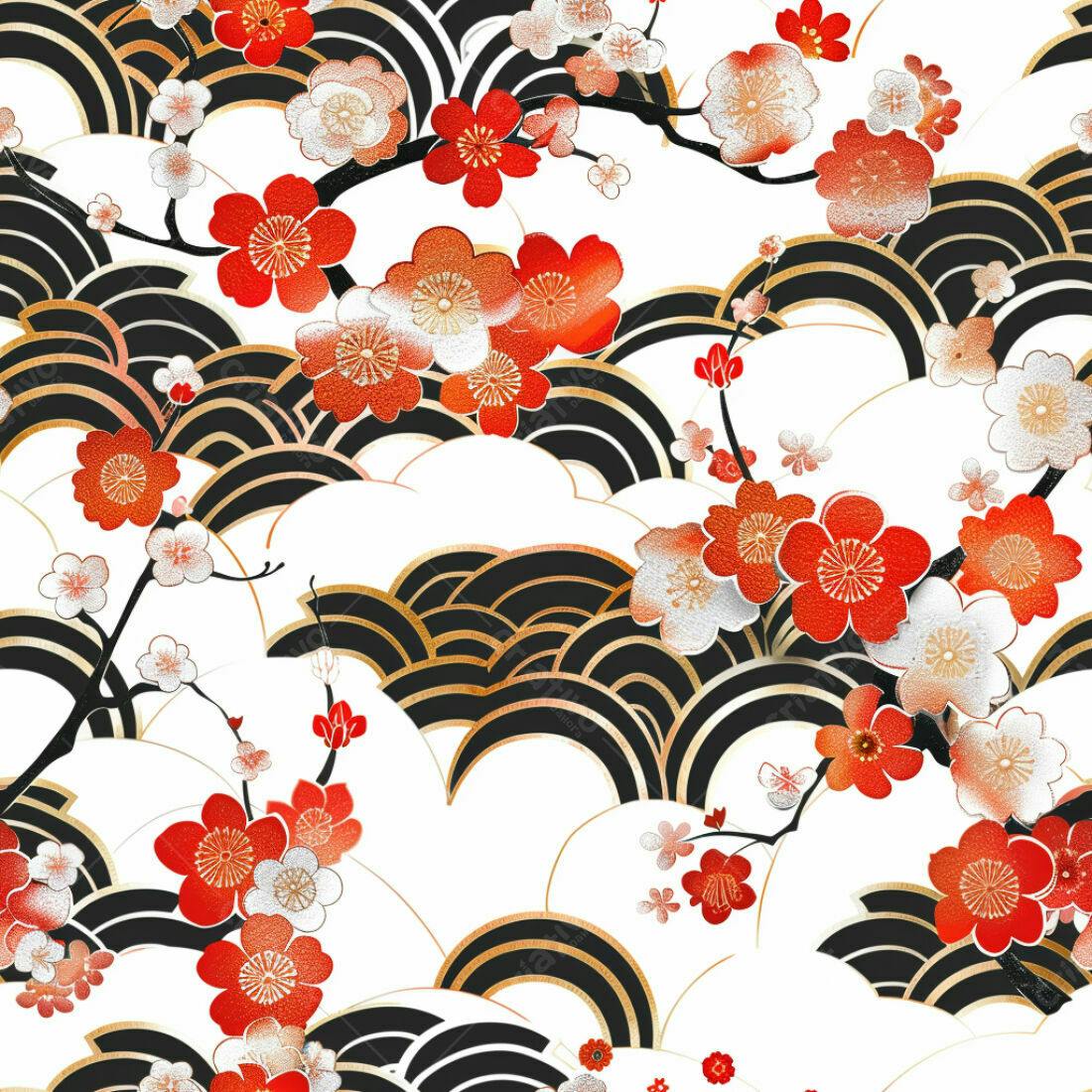 Textura floral japonesa vermelho e branco para papel de parede