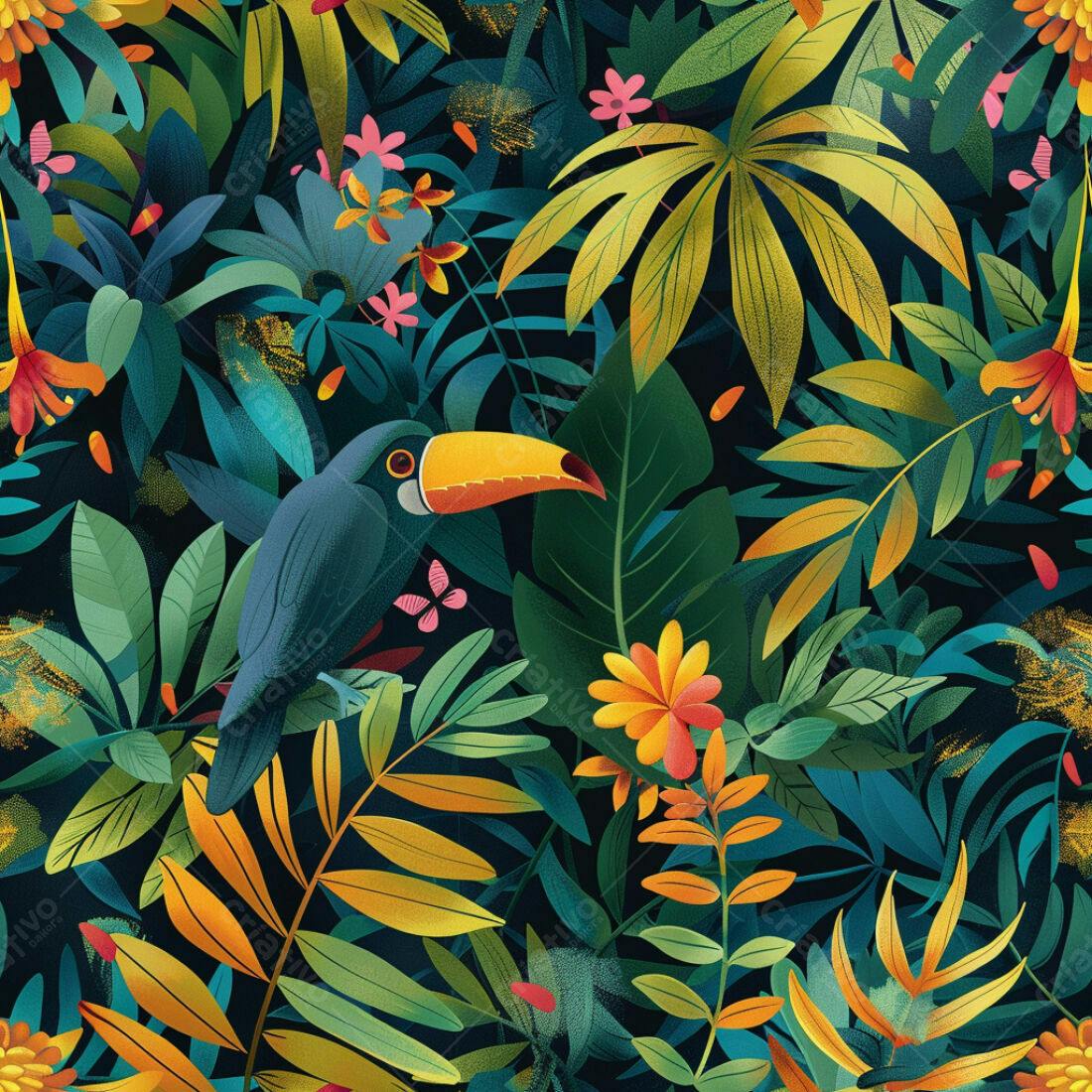 Textura Tropical com Tucano para Papel de Parede