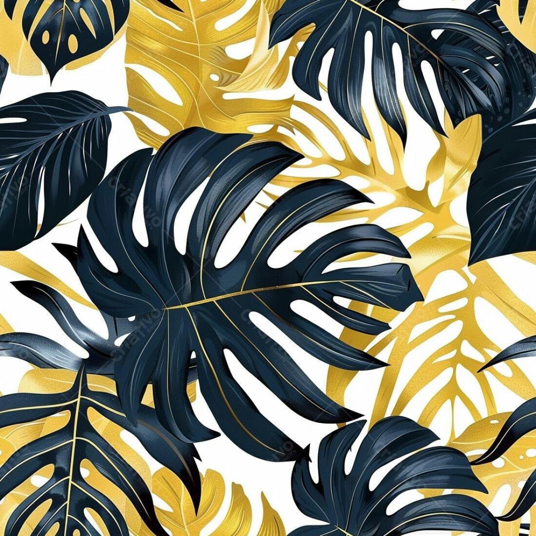 Textura Folhas Tropicais Douradas e Escuras para Fundo