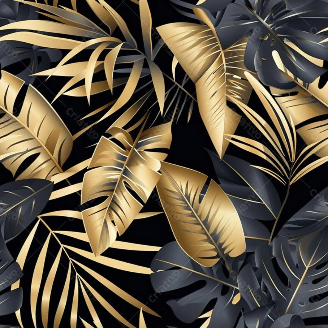 Textura Folhas Tropicais Douradas e Pretas para Fundo