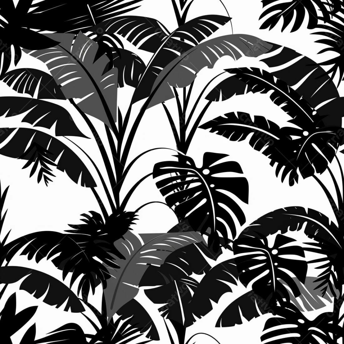 Textura Folhagem Tropical Preto e Branco para Fundo