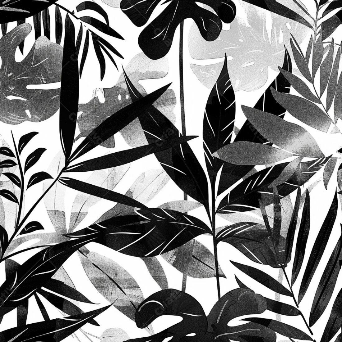 Textura Folhagem Tropical Preto e Branco para Fundo
