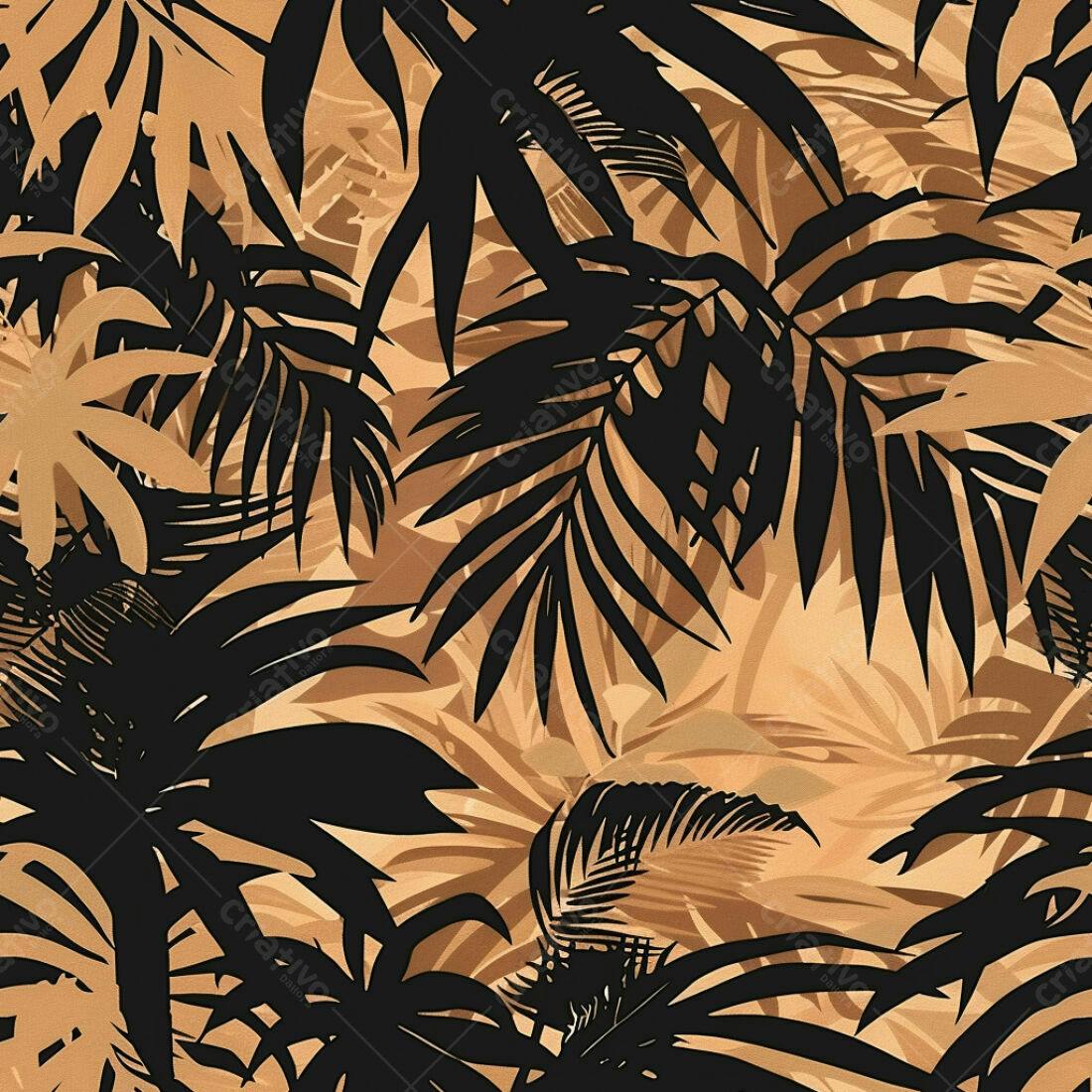Textura Folhagem Tropical Bege e Preta para Fundo