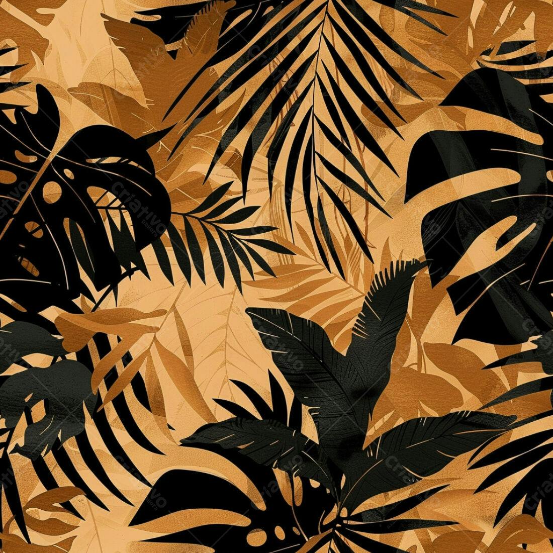 Textura Folhas Tropicais Douradas e Pretas para Fundo