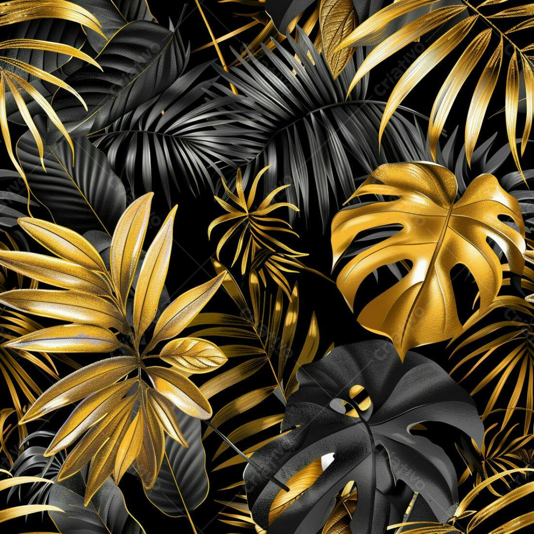 Textura Folhas Tropicais Douradas e Pretas para Fundo