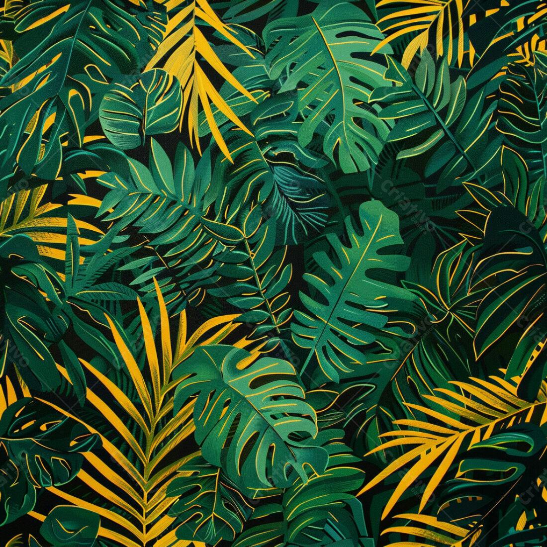 Textura Folhas Tropicais Verde e Amarelo para Fundo