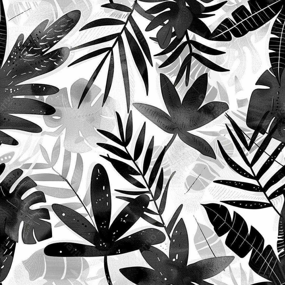 Textura Folhas Tropicais Preto e Branco para Fundo