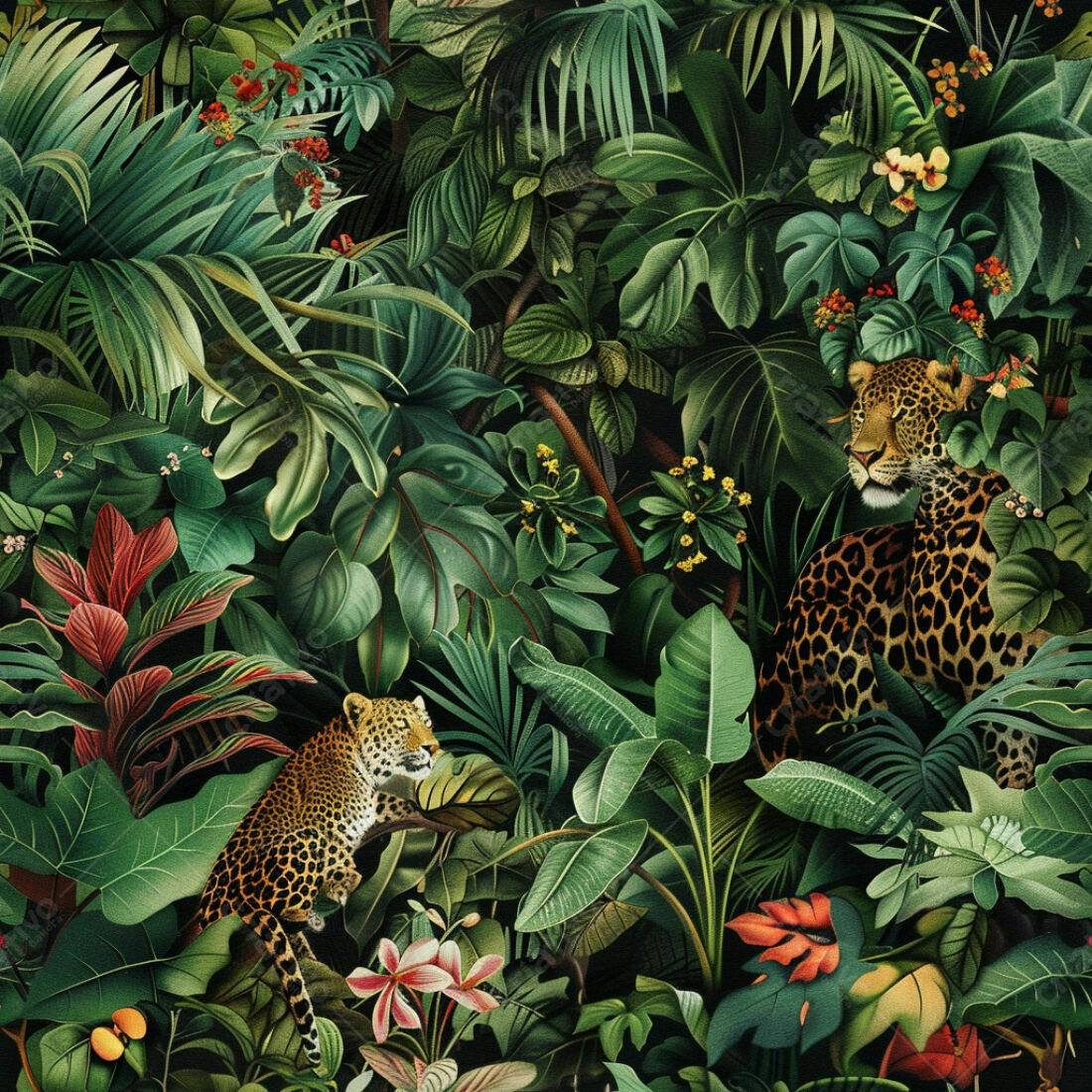Textura Selva Tropical com Leopardos para Papel de Parede