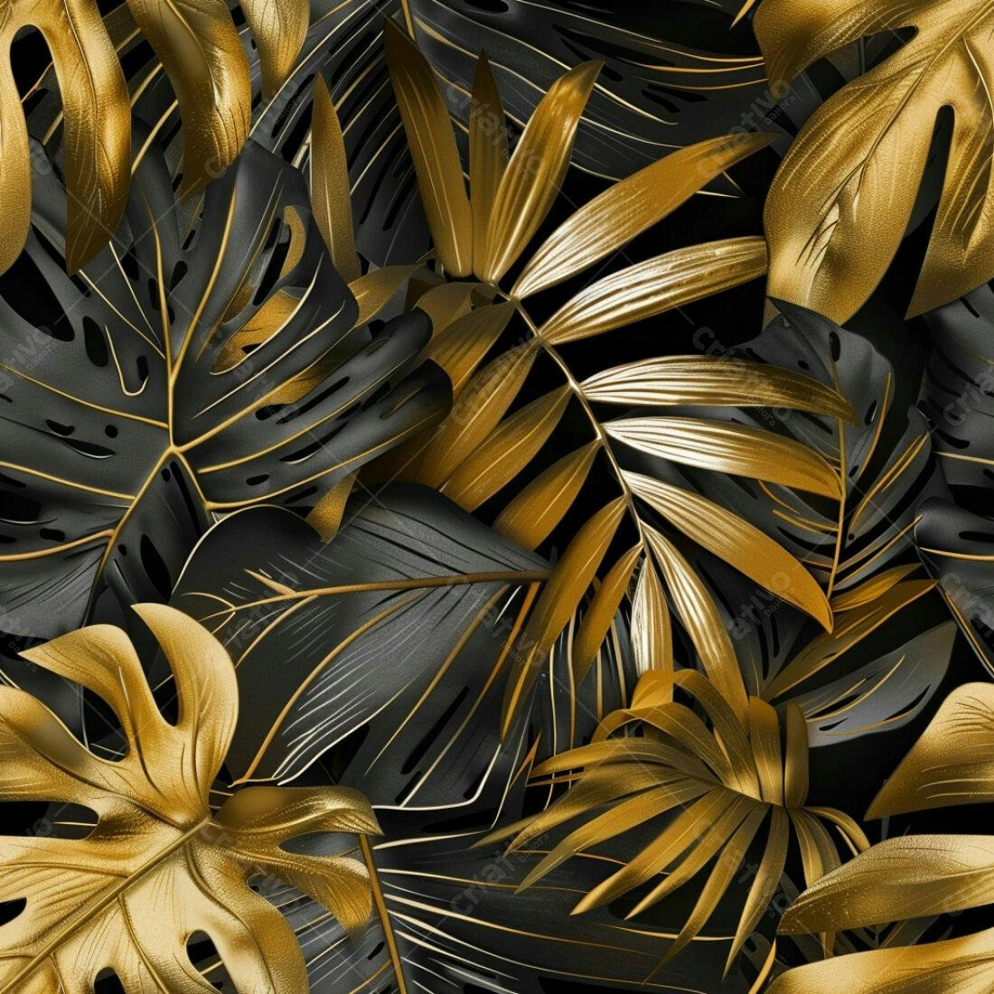 Textura Folhas Tropicais Douradas e Pretas para Fundo