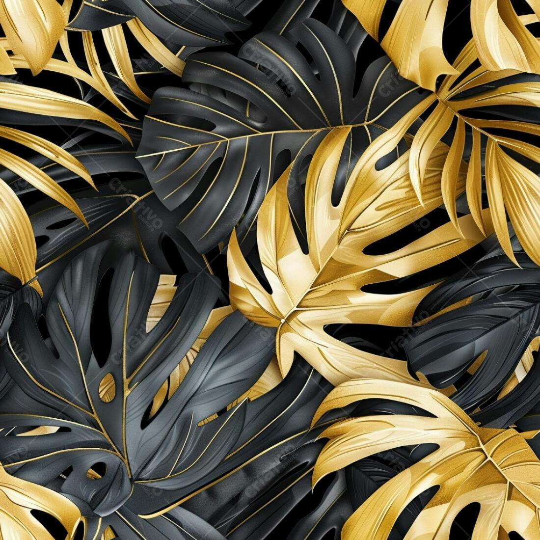 Textura Folhas Tropicais Douradas e Pretas para Fundo