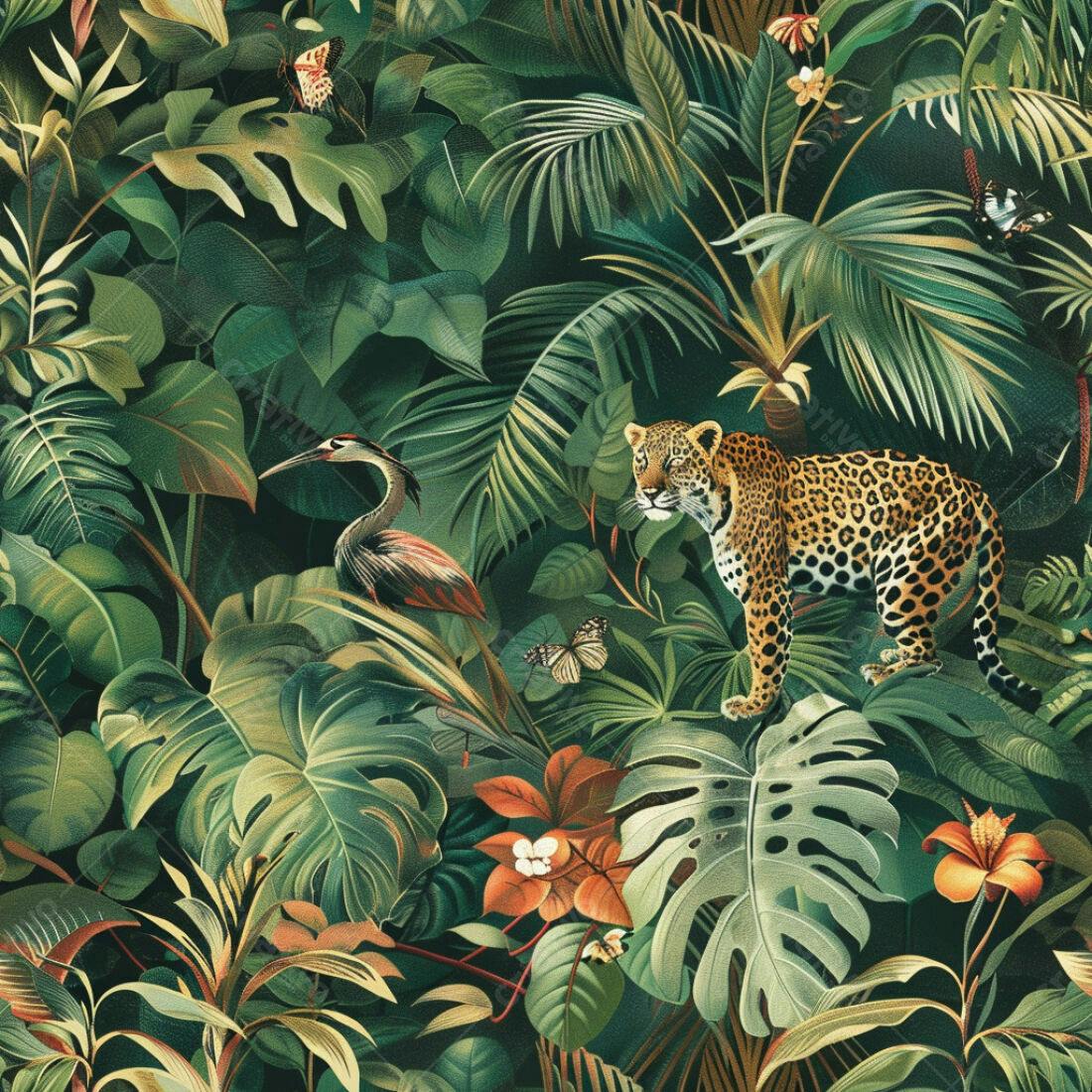 Textura Selva Tropical com Jaguar para Papel de Parede