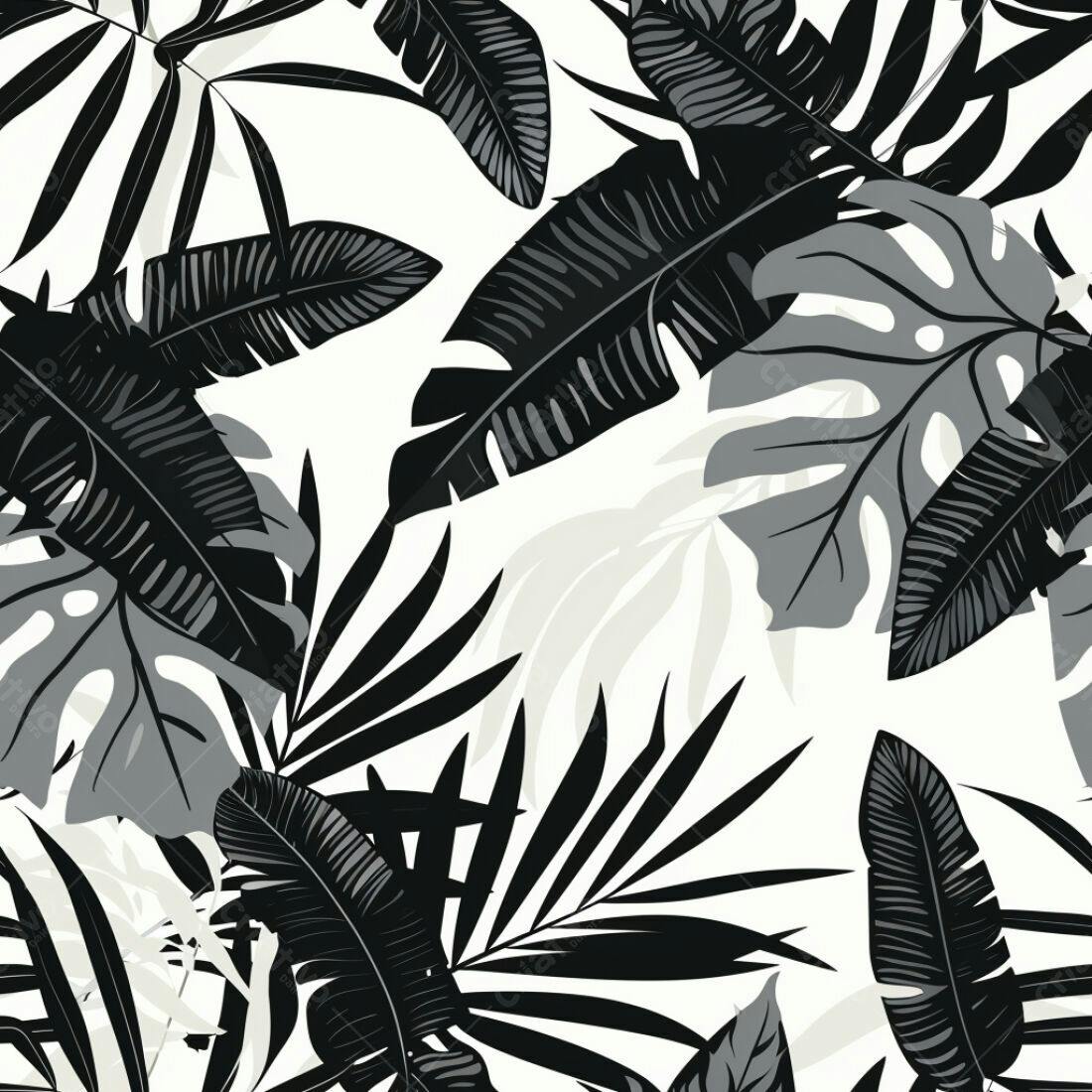 Textura Folhas Tropicais Preto e Branco para Fundo