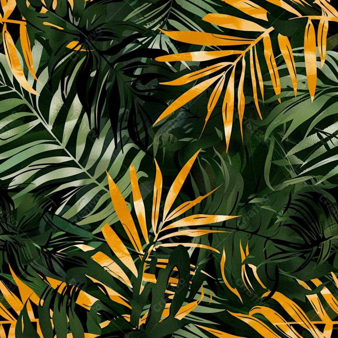 Textura Folhas Tropicais Verde e Dourado para Fundo