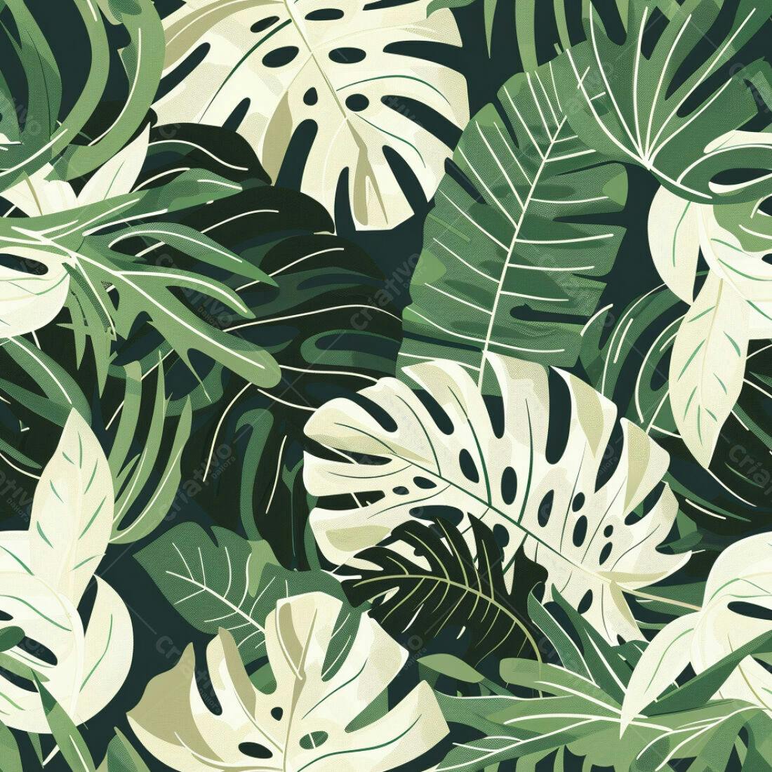 Textura Folhagem Tropical Verde e Branca para Fundo