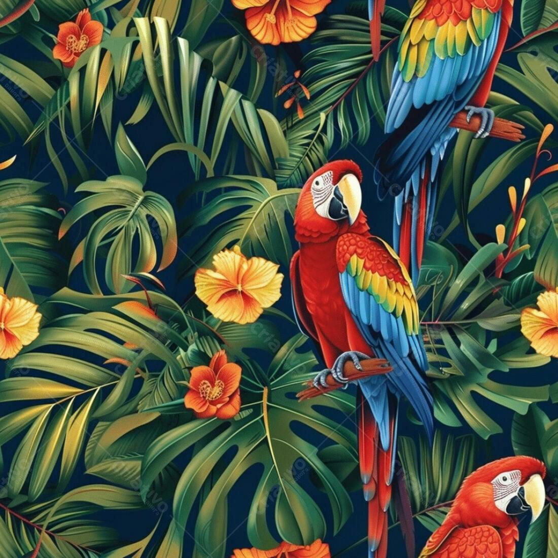 Textura Tropical com Araras e Folhagens para Papel de Parede