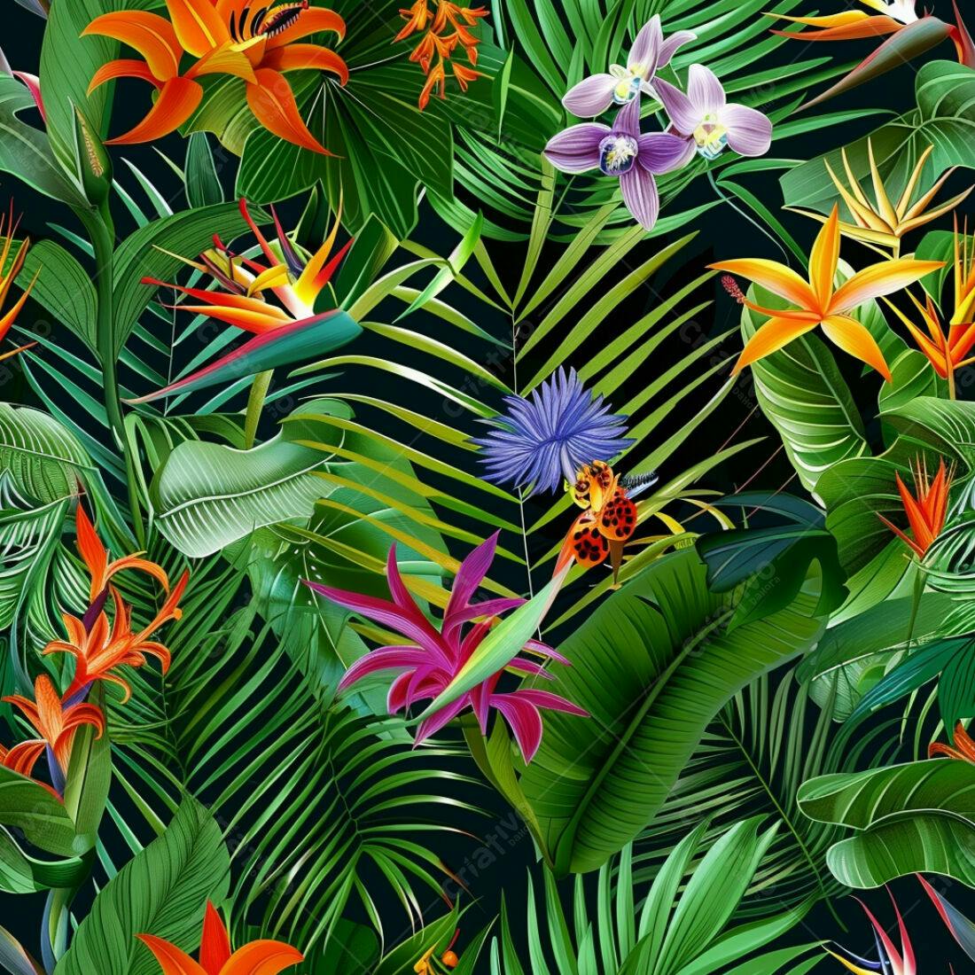 Textura Tropical Flores e Folhas para Papel de Parede