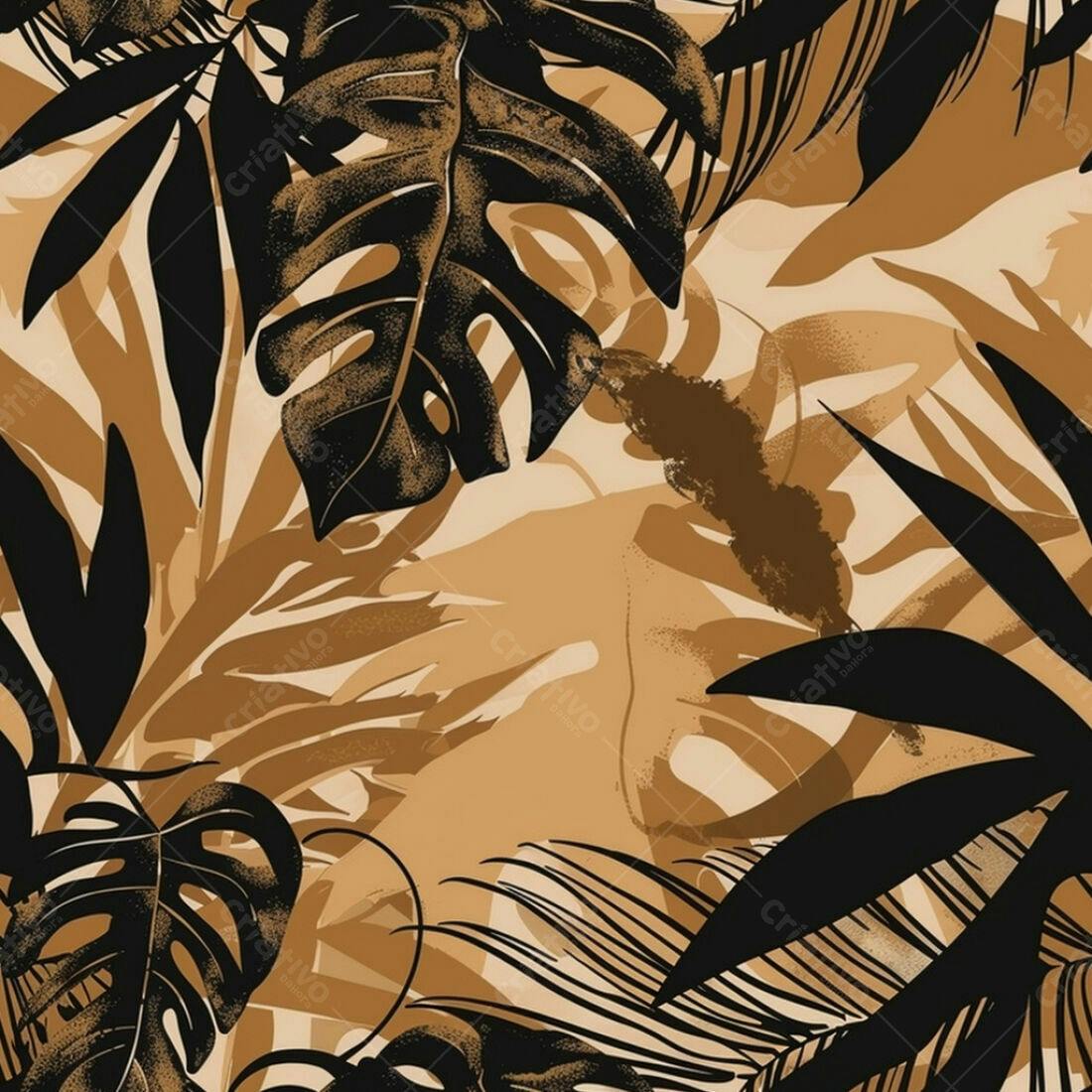 Textura Folhas Tropicais Bege e Preta para Fundo