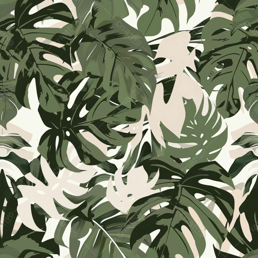 Textura Folhas Tropicais Verde e Bege para Fundo