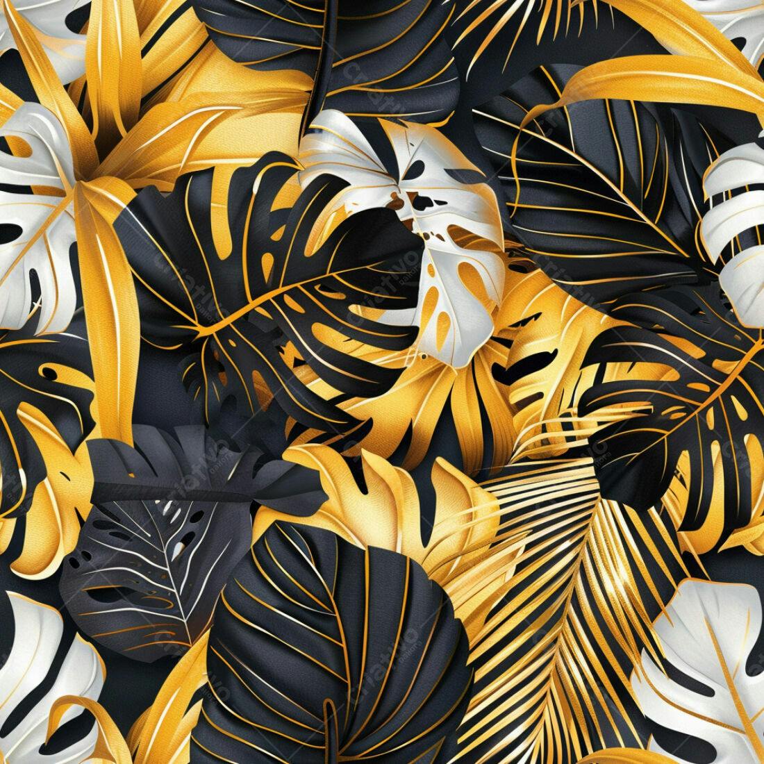 Textura Folhas Tropicais Douradas e Pretas para Fundo