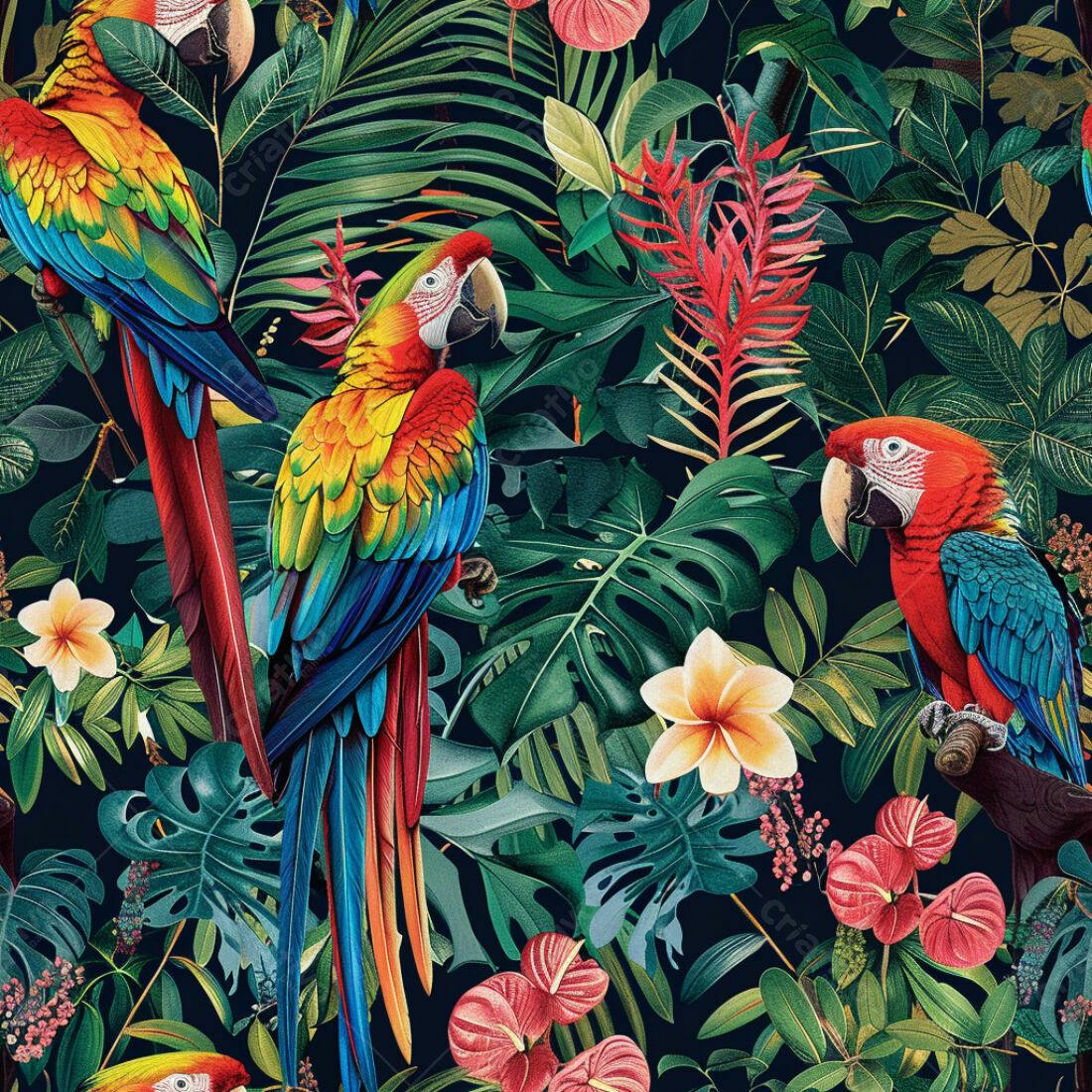 Textura Tropical com Araras para Papel de Parede