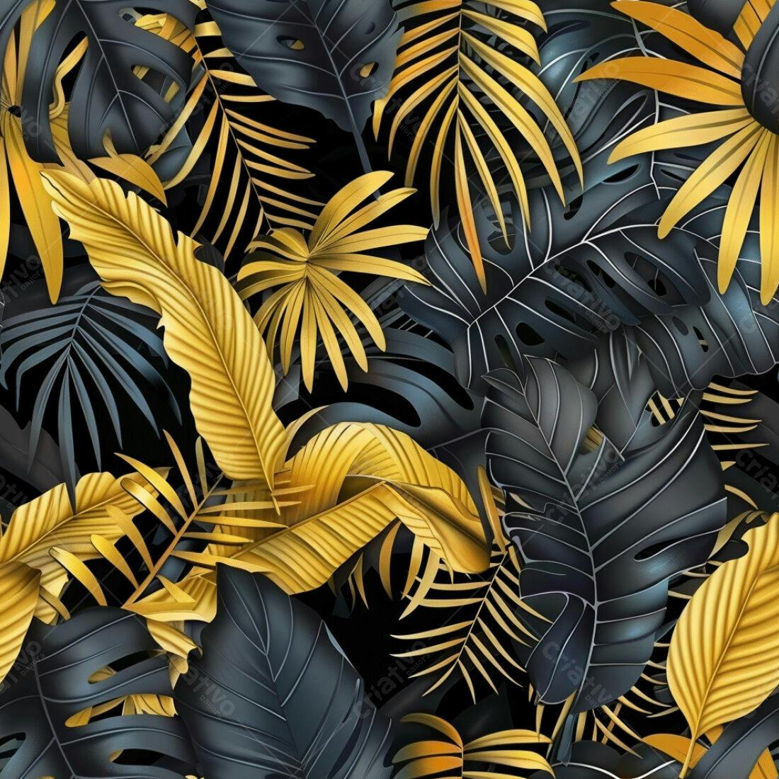 Textura Folhas Tropicais Douradas e Pretas para Fundo