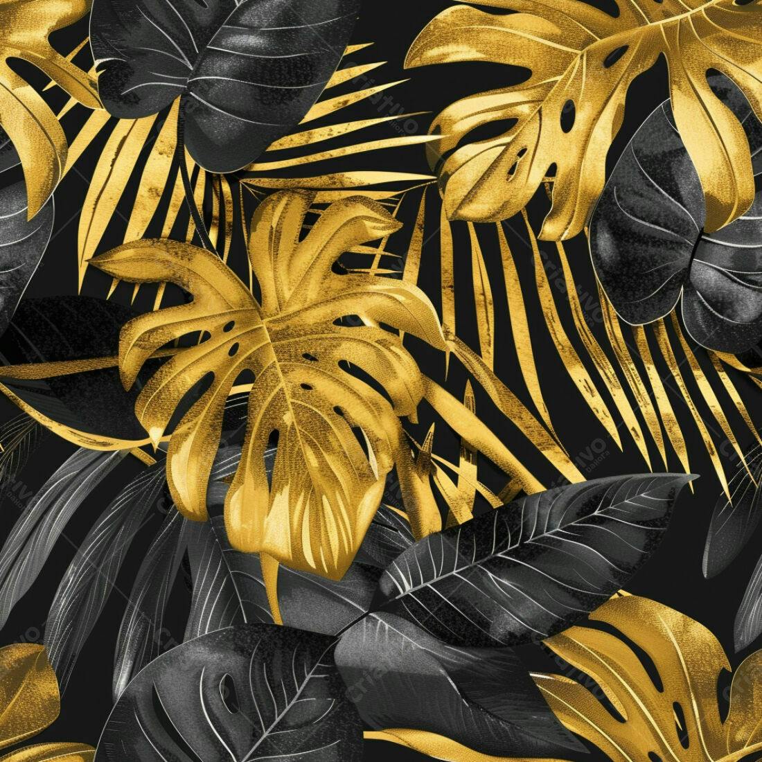 Textura Folhas Tropicais Douradas e Pretas para Fundo