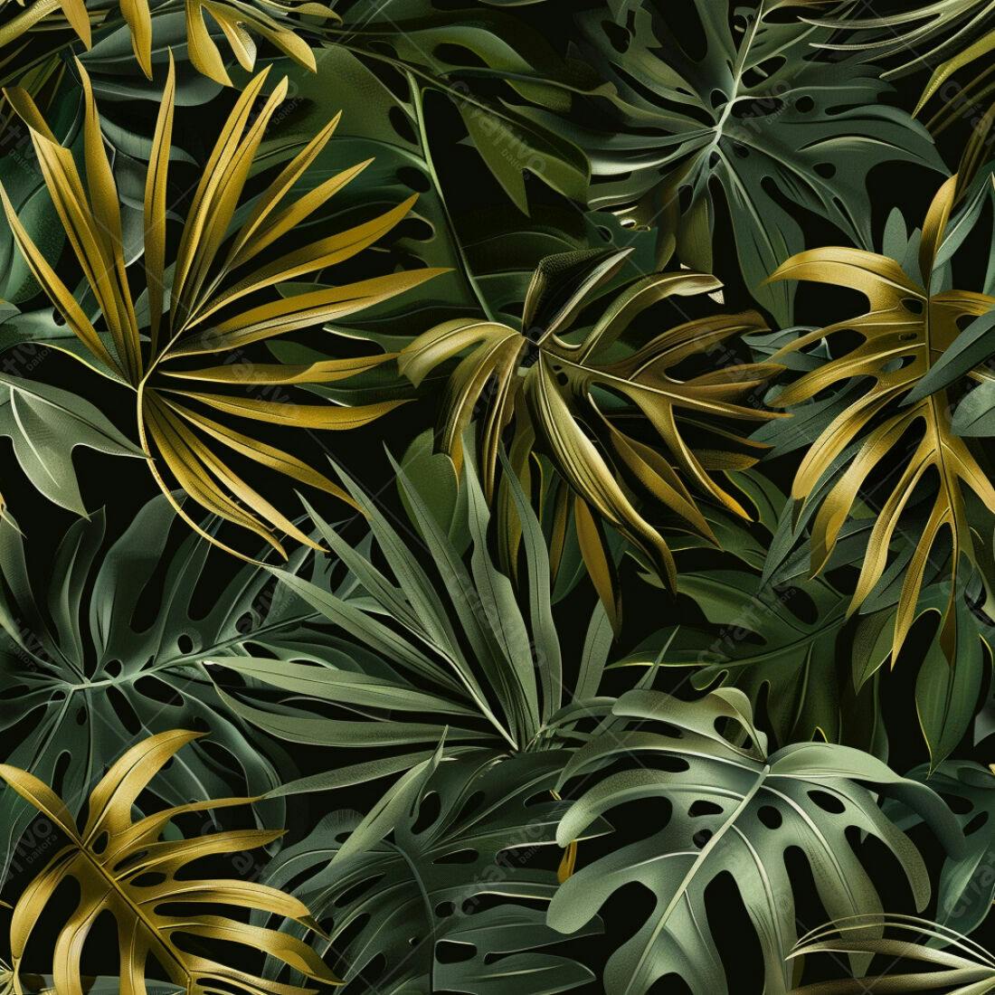 Textura Folhas Tropicais Douradas e Esverdeadas para Fundo