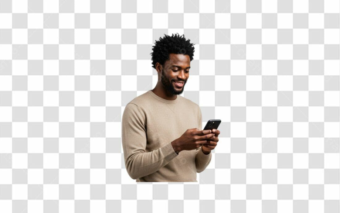 Post Instagram Homem Negro usando celular PNG com fundo transparente